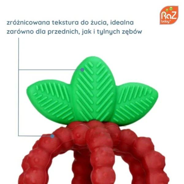 Gryzak silikonowy Soczysta Malina z listkami, błękitny, RazBaby