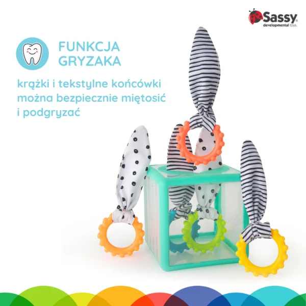 MANIPULACYJNA KOSTKA SENSORYCZNA Z KRĄŻKAMI MONTESSORI, SASSY