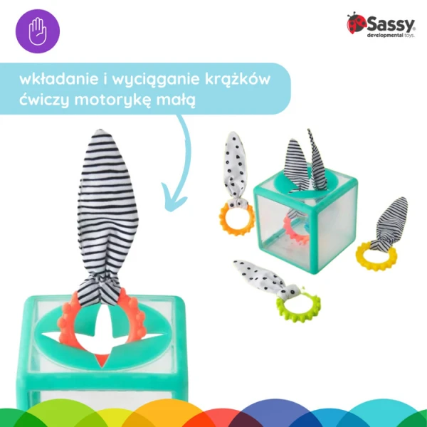 MANIPULACYJNA KOSTKA SENSORYCZNA Z KRĄŻKAMI MONTESSORI, SASSY