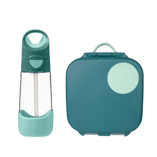 B.box Zestaw Mini Lunchbox + Butelka tritanowa ze słomką 450 ml, Emerald Forest