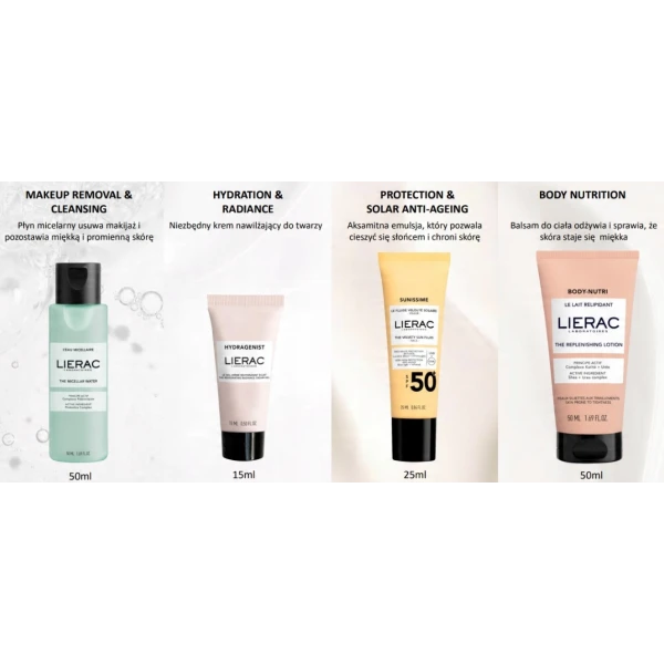 LIERAC Zestaw podróżny woda micelarna + SPF50 + balsam + krem + kosmetyczka