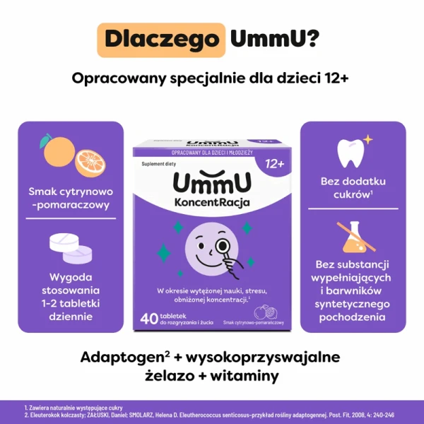 UMMU KONCENTRACJA 12+ TABLETKI DO ŻUCIA CYTRYNOWO-POMARAŃCZOWE 40 SZT.