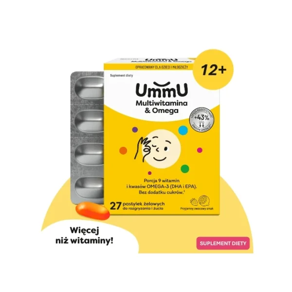 UMMU MULTIWITAMINA & OMEGA 12+ PASTYLKI ŻELOWE DO ROZGRYZANIA I ŻUCIA OWOCOWE 27