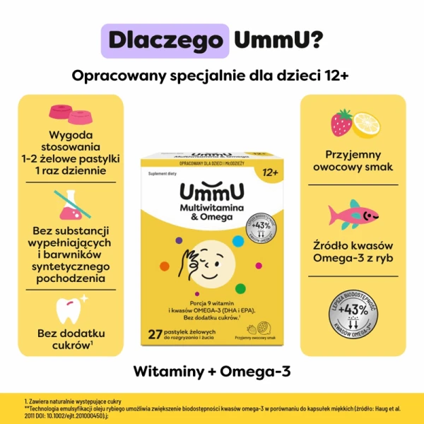 UMMU MULTIWITAMINA & OMEGA 12+ PASTYLKI ŻELOWE DO ROZGRYZANIA I ŻUCIA OWOCOWE 27