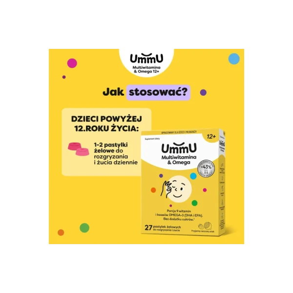 UMMU MULTIWITAMINA & OMEGA 12+ PASTYLKI ŻELOWE DO ROZGRYZANIA I ŻUCIA OWOCOWE 27
