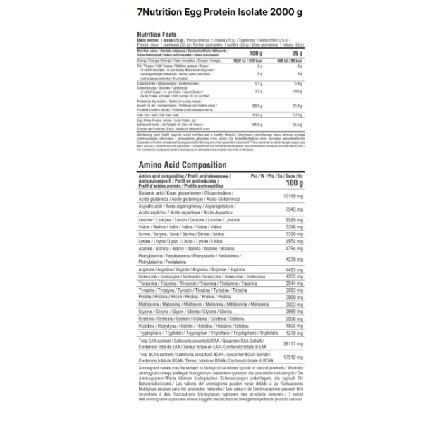 7 NUTRITION EGG PROTEIN BIAŁKO JAJA KURZEGO BEZ LAKTOZY, GLUTENU I CUKRU 2000 G 
