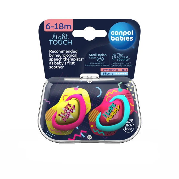 CANPOL SMOCZEK SILIKONOWY SYMETRYCZNY NEON LOVE 6-18m RÓŻ ŻÓŁTY 2SZT
