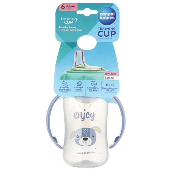 CANPOL KUBEK TRENINGOWY Z MIĘKKIM USTNIKIEM CUTE ANIMALS NIEBIESKI 320ML