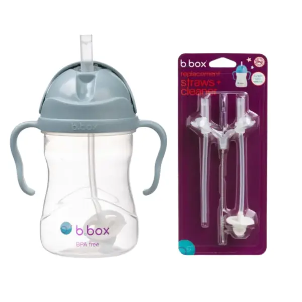 B.BOX BIDON Z OBCIĄŻONĄ SŁOMKĄ 240 ML BŁĘKITNY + SŁOMKI ZAPASOWE ZESTAW