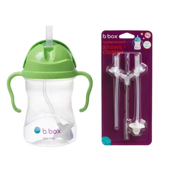 B.BOX BIDON Z OBCIĄŻONĄ SŁOMKĄ 240 ML JABŁKOWY + SŁOMKI ZAPASOWE ZESTAW
