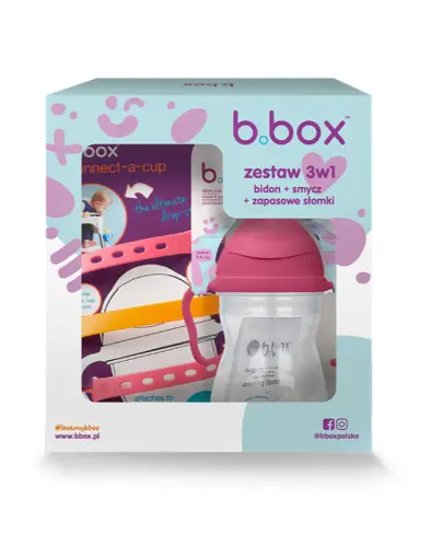 B.BOX ZESTAW NA START 3W1 BIDON ZE SŁOMKĄ 240ML MALINOWY + SMYCZ + ZAPASOWE SŁOM