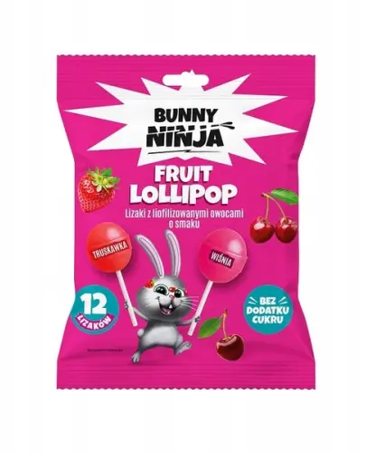 BUNNY NINJA LOLLI POP LIZAKI KULKI TRUSKAWKA WIŚNIA BEZ CUKRU 120G