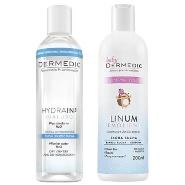 DERMEDIC BABY EMOLIENT LINUM Kremowy żel do mycia - 200 ml + DERMEDIC HYDRAIN 3 HIALURO Płyn micelarny H2O - 100 ml