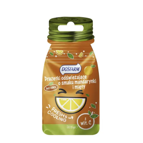 DOSFARM DRAŻETKI ODŚWIEŻAJĄCE O SMAKU MANDARYNKI I MIĘTY BEZ CUKRU 15G