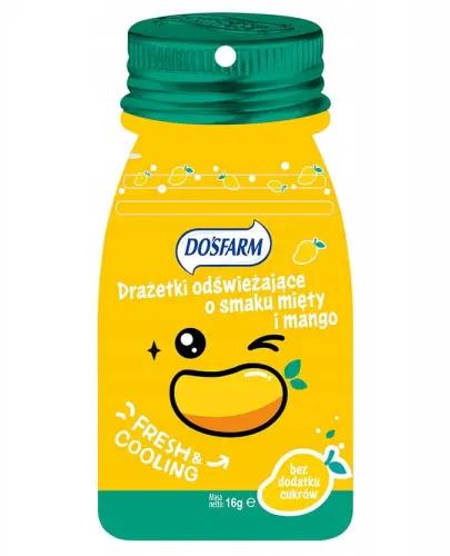 DOSFARM DRAŻETKI ODŚWIEŻAJĄCE O SMAKU MANGO I MIĘTY BEZ CUKRU 16G
