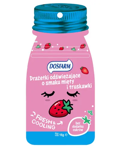 DOSFARM DRAŻETKI ODŚWIEŻAJĄCE O SMAKU TRUSKAWKI I MIĘTY BEZ CUKRU 16G