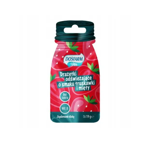 DOSFARM DRAŻETKI ODŚWIEŻAJĄCE O SMAKU TRUSKAWKI I MIĘTY BEZ CUKRU 19G