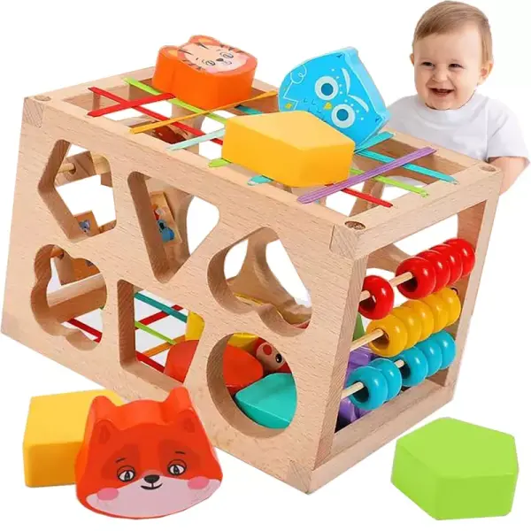 DREWNIANY SORTER KLOCKÓW KOSTKA SENSORYCZNA MONTESSORI GUMKI 12 SZT.