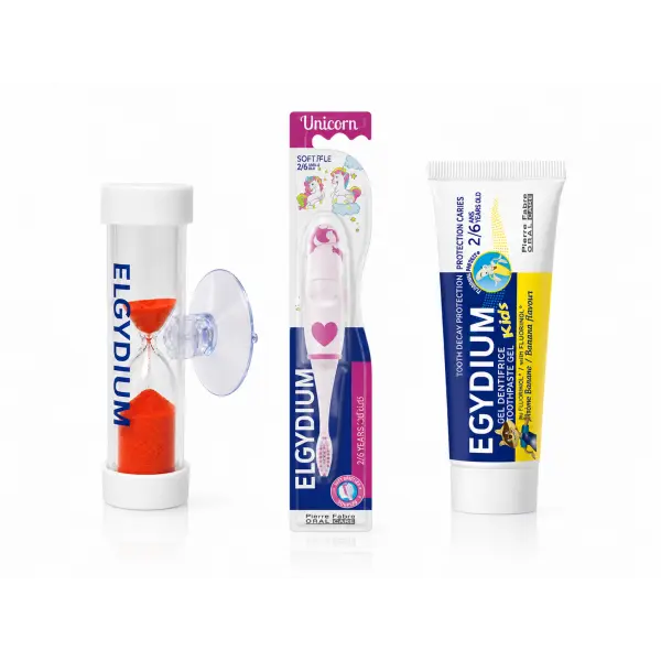 ELGYDIUM KIDS PASTA DO ZĘBÓW 2-6 LAT + SZCZOTECZKA UNICORN + KLEPSYDRA ZESTAW