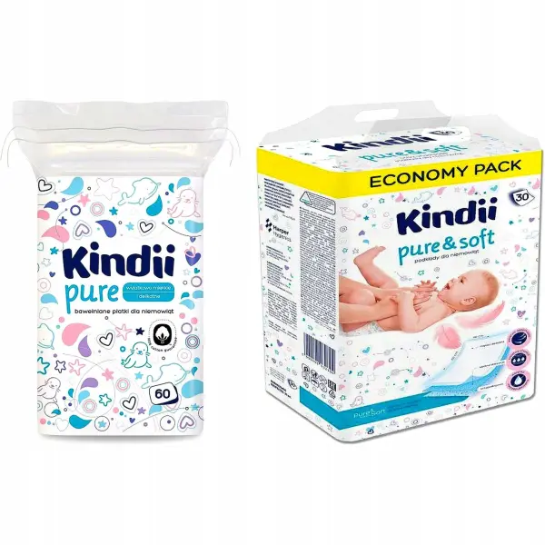 KINDII PODKŁADY PURE & SOFT 30 szt.  + PŁATKI DLA NIEMOWLĄT 60 szt. ZESTAW