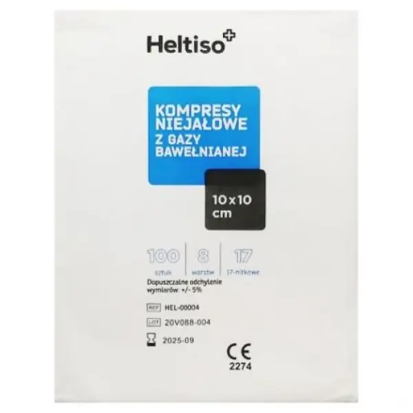 Heltiso Kompresy niejałowe z gazy bawełnianej 10 x 10 cm, 100 sztuk
