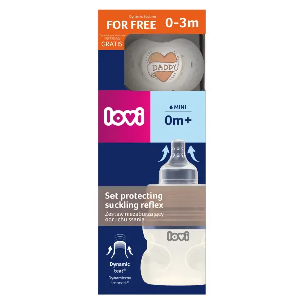 LOVI ZESTAW BUTELKA NIE ZABURZAJĄCA ODRUCHU SSANIA 150ML + SMOCZEK USPOKAJAJĄCY 