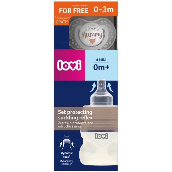 LOVI ZESTAW BUTELKA NIE ZABURZAJĄCA ODRUCHU SSANIA 150ML + SMOCZEK MOMMY