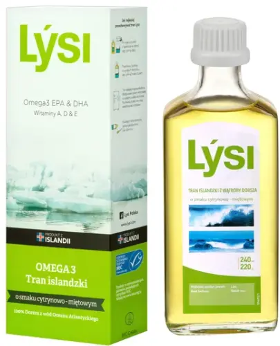 LYSI OMEGA-3 TRAN ISLANDZKI O SMAKU CYTRYNOWO-MIĘTOWYM 240 ML