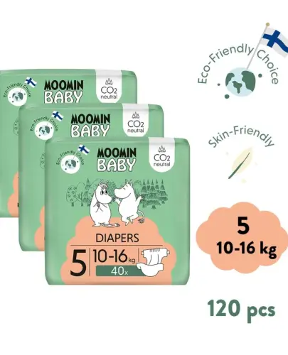 Moomin Baby 5 Maxi 10–16 kg (120 szt), miesięczne opakowanie eko pieluszek