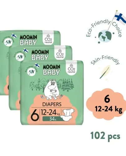 Moomin Baby 6 Maxi 12–24 kg (102 szt), miesięczne opakowanie eko pieluszek