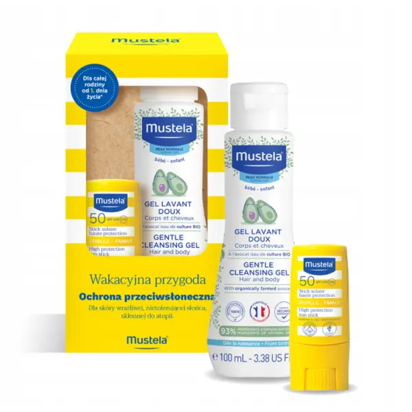 MUSTELA SUN 50 SPF Sztyft przeciwsłoneczny + żel do mycia 100 ml ZESTAW