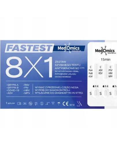 TEST COMBO 8 W 1 : GRYPA A, B, COVID-19, ADV, RSV, PIV, HRV, MPV WYMAZ Z NOSA