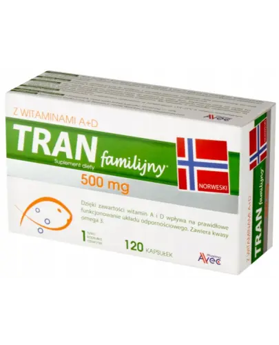 TRAN FAMILIJNY Z WITAMINAMI A+D NORWESKI 500 MG 120 KAPSUŁEK AVEC