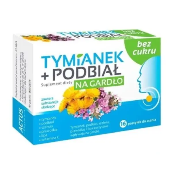 TYMIANEK + PODBIAŁ NA GARDŁO BEZ CUKRU 16 past. ACTUS PHARMA