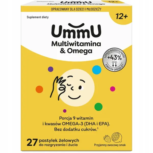UMMU MULTIWITAMINA & OMEGA 12+ PASTYLKI ŻELOWE DO ROZGRYZANIA I ŻUCIA OWOCOWE 27