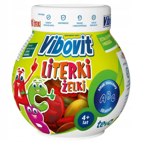 VIBOVIT LITERKI ŻELKI DLA DZIECI WITAMINY MINERAŁY OWOCOWE 4+ 50SZT